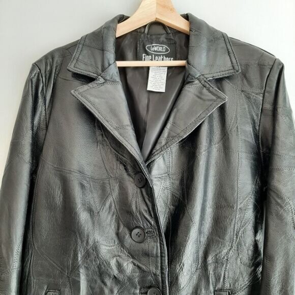 LE WORLD Vintage Genuine Leather Jacket Coat Patchwork Finish Black Sz L - Picture 7 of 14